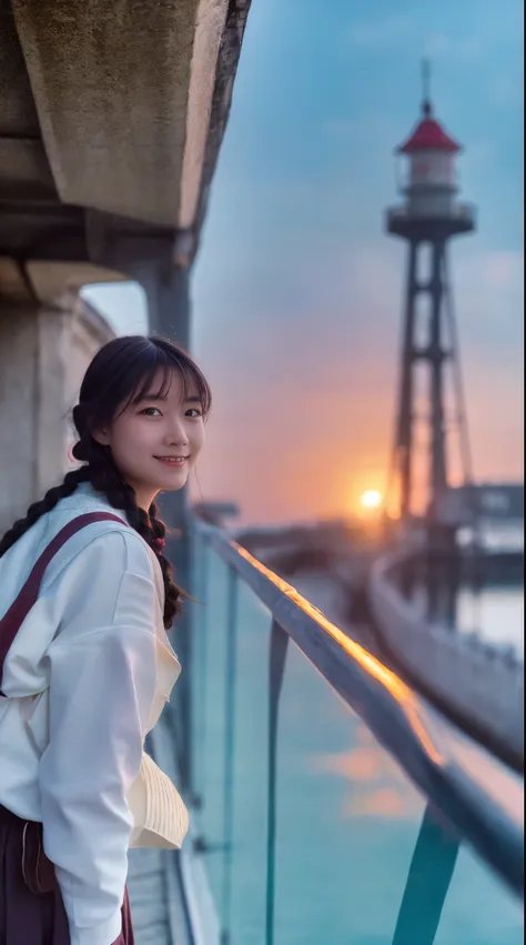 cinematic film still, 1girl, solo, little smile, beach,(sunset:1.1),  akagi_rin(denchi-project), solo,  star hair ornament, twin braids,sparkle, from behind, looking back, huge sunset,red floating, uniform, night, waving, sea, 1 lighthouse, . shallow depth...