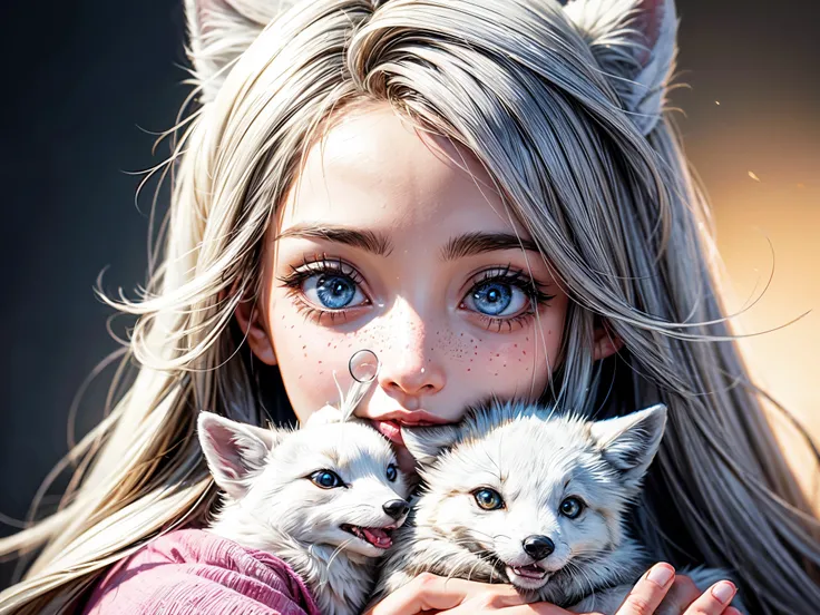 (best quality,ultra-detailed),(realistic:1.37),A girl holding an arctic fox in her arms,beautiful detailed eyes,beautiful detailed lips,extremely detailed face,long eyelashes,soft and flowing hair,adorable freckles,gentle smile,warm and happy expression,te...