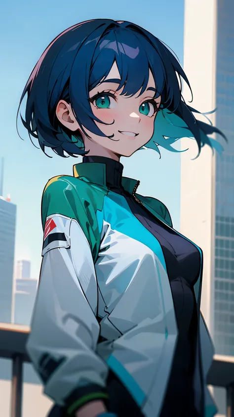 lively girl、small breasts、riders jacket、dark blue hair、bob hair、green round eyes、From the side、gloves、bright smile、skyscraper、rooftop、Blowin in the wind、blue sky、upper body close-up、sharp outline