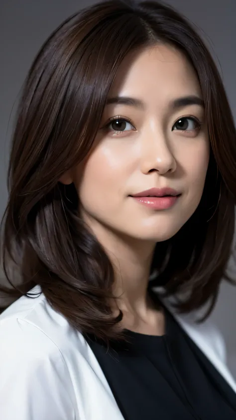 (Papel de parede CG Unity 8k altamente detalhado,tampo da mesa, mais alta qualidade, super detalhado, Olhe para a camera:1.2, a luz brilha em seu rosto:1.5, fundo cinza, Professional Lighting), 28 year old woman in Japan, Assistente de detetive encantador,...