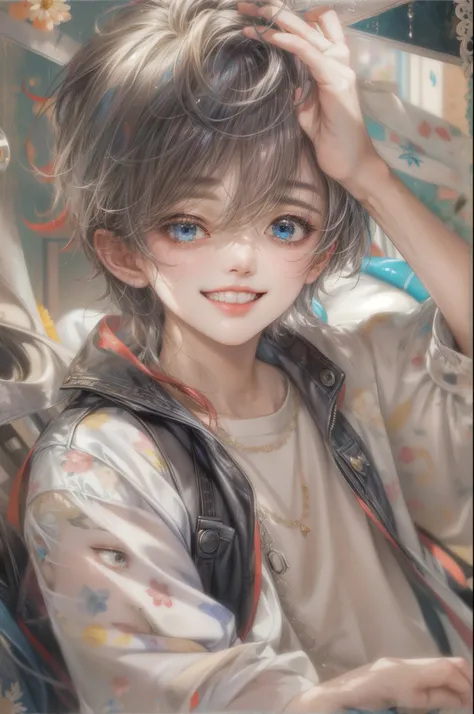 masterpiece, best quality, close-up picture, boy, handsome guy, sakimi chans artwork in casual clothes, detailed face, happy,  face focus, big eyes, anime eyes, stylish boy 