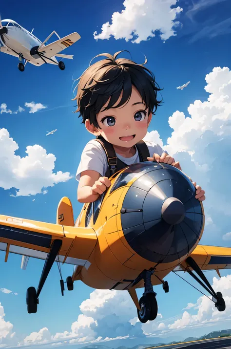 A cute little boy of six or seven years old is flying a plane::1.5，happy expression，shrouded in mist，Sky，Star，Phone call scene，Baiyun，bright colors，Natural light，surreal scene，high quality，bright sunshine，c4d，OC rendering，3d rendering，mixer,Octane number，8...