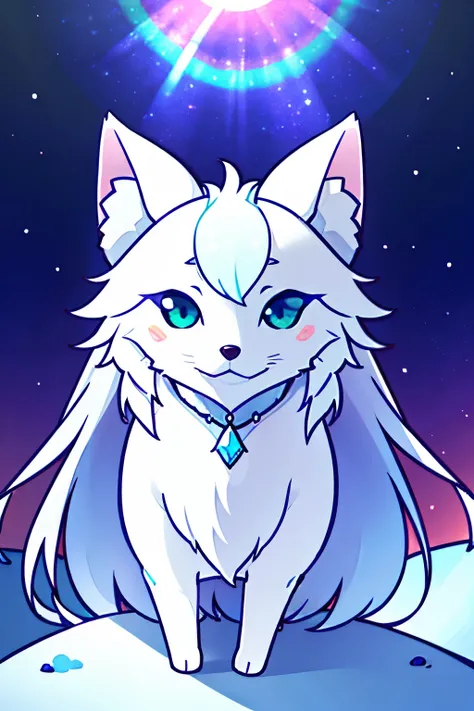 best quality, 32k, RAW photo, incredibly absurdres, extremely detailed, delicate texture, dignified and cute iridescent long-haired arctic fox divine beast, fantastic, mysterious, background rainbow-colored aurora, snow field, midnight sun