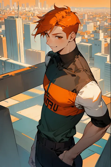 1male, orange hair, brown eyes, short faded undercut hair, graphic modern clothing, (((city background))), happy expression, day time