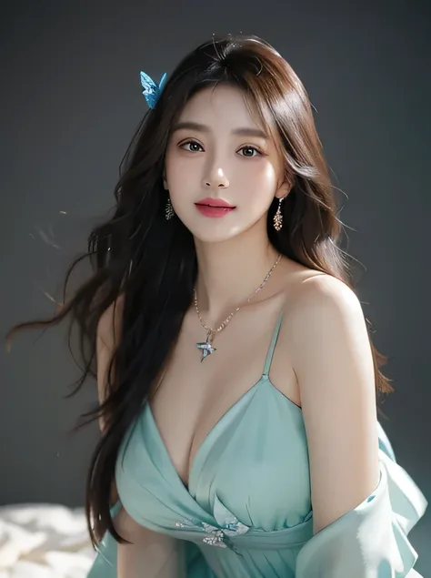 1 girl，Long flowing hair，Cyan clothes，With necklace，Wearing butterfly ornaments on head，exquisite eyes，There is light on the face，Exquisite details，wear earrings，CG，Breaking through the sky，illustration，Sexy的姿势，whole body（whole body角度，Above the crotch）best...