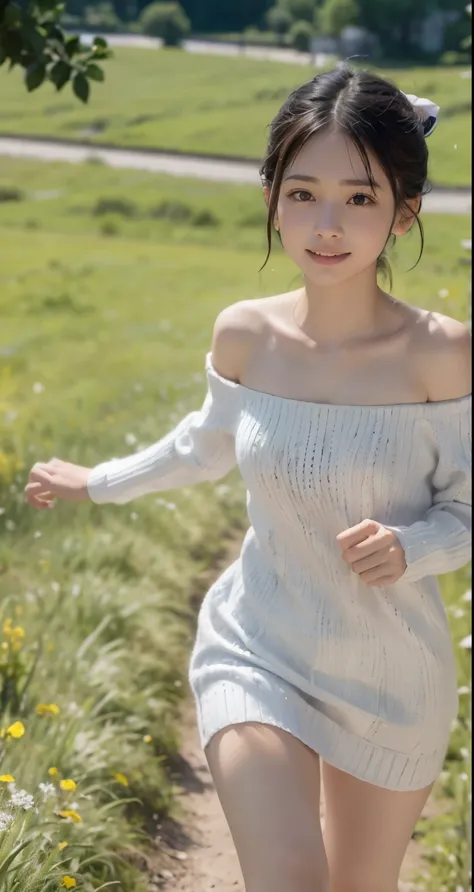 with a girl：her hair is black and short、14 years、small face、、Moist eyes、natural makeup、look straight ahead、light smile、Her face is round and cute、One piece is catching the wind、white sandal shoes、There is a ribbon on the ankle、(running in the meadow with a...