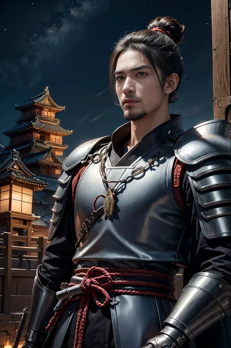 male、Sengoku warlord、40 years old、topknot、warrior、armor、knife、front、japanese castle、night、demon&#39;s appearance、Very powerful