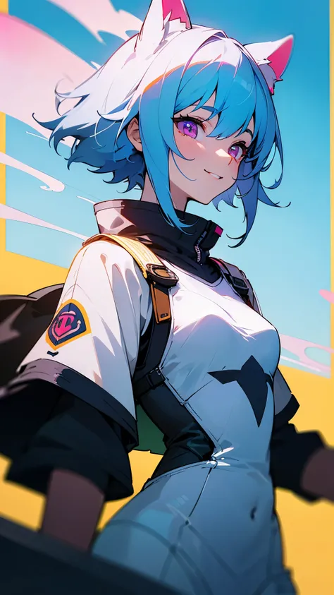 1 character、pastel washed out colors、Soft and calm colors、Gentle colors、She is wearing futuristic clothes.、Beauty、small breasts、light blue hair、dog ears、pink eyes、From the side、gloves、evil smile、upper body up、blue sky、building street、rooftop、sharp outline