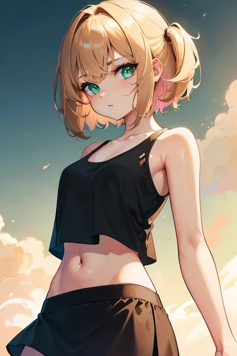 4K,1girl,Super beautiful illustration,(((light caramel beige,one side up,medium hair))):1.2,(Beautiful green eyes),((black color,short tank top)),((black color,short skirt)),pink lipstick,pink eyeshadow,grin:1.2