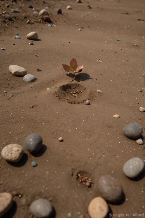 Description: In the first image, we see a small seed lying on the ground, surrounded by fertile soil and a few pebbles. The seed appears small, brown, and seemingly insignificant against the backdrop of the earth.