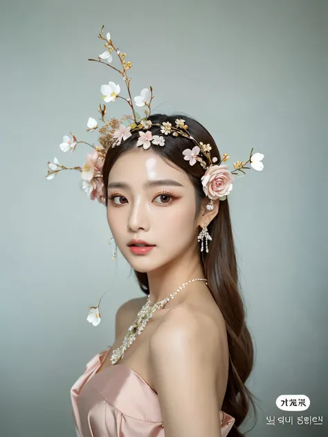 Korean makeup, water-glossy skin, flower metal headdress, facial petals decoration