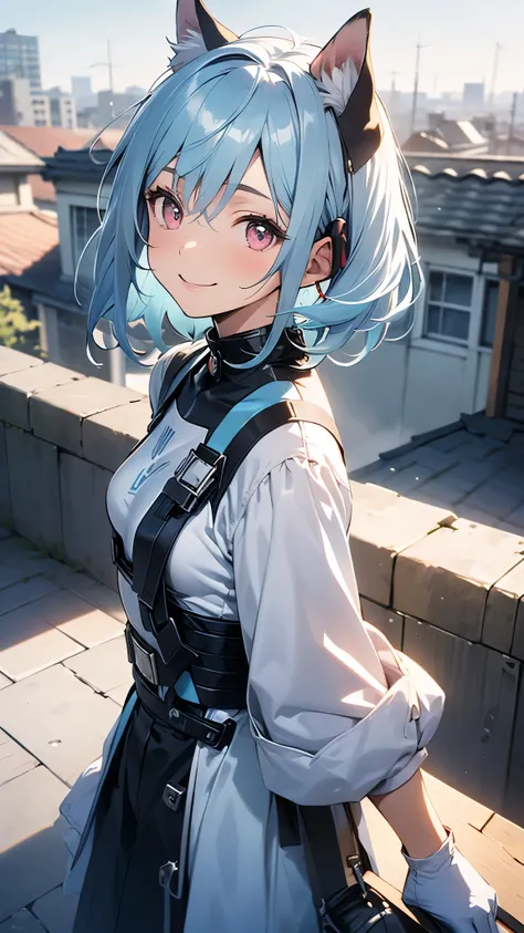 1 character、pastel washed out colors、Soft and calm colors、Gentle colors、She is wearing futuristic clothes.、Beauty、small breasts、light blue hair、dog ears、pink eyes、From the side、gloves、evil smile、upper body up、blue sky、building street、rooftop、sharp outline