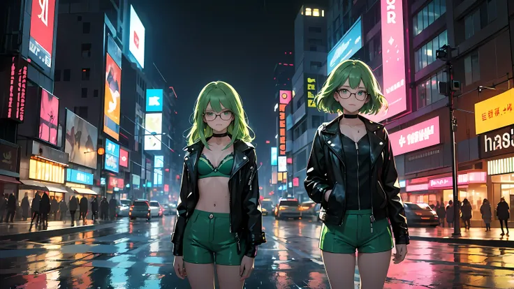 one beautiful girl, detailed beautiful hair, detailed beautiful eyes, long green hair, glasses, small breasts, choker collar, loose unzipped leather jacket, green bra, tight green shorts, standing on sidewalk, evening, nighttime, night, city lights, big ci...