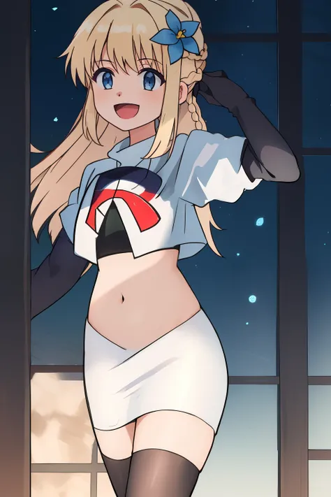 luna, 1girl, solo, long_hair, bangs, blue_eyes, blonde_hair, hair_ornament, ponytail, braid, flower, :d, hair_flower, blue_flower, team rocket,team rocket uniform, red letter R, white skirt,white crop top,black thigh-highs ,black elbow gloves