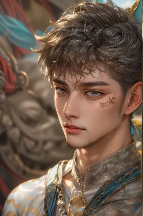 masterpiece, best quality, half body shot of a boy, young handsome boy, character from Marvel, intricate face details, face focus, handsome face, detailed scenery bg