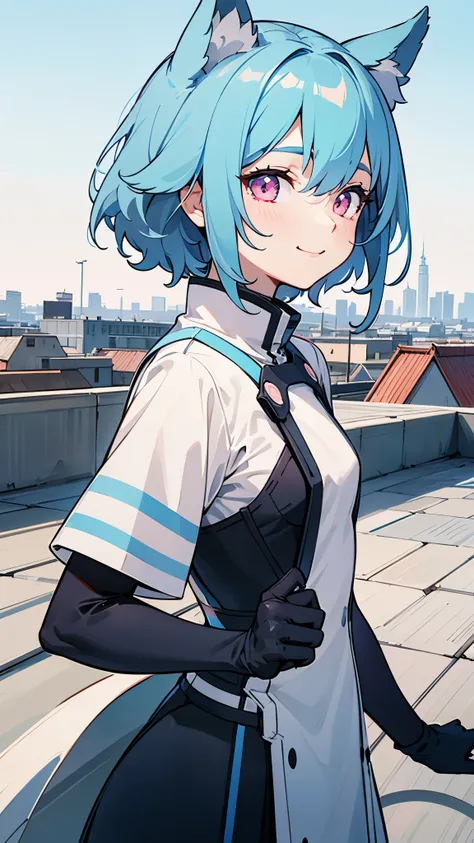 1 character、pastel washed out colors、Soft and calm colors、Gentle colors、She is wearing futuristic clothes.、Beauty、small breasts、light blue hair、dog ears、pink eyes、From the side、gloves、evil smile、upper body up、blue sky、building street、rooftop、sharp outline