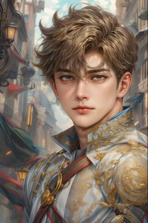 masterpiece, best quality, half body shot of a boy, young handsome boy, character from Marvel, intricate face details, handsome face, detailed scenery bg