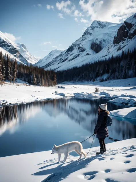 girl plying with arctic fox, snowy landscape