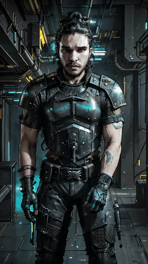 cyberpunkai, neon, (kit harington) as jonsnow, ((curly black hair bun)), cyberpunk black armor, cyberpunk guns, standing in the ...