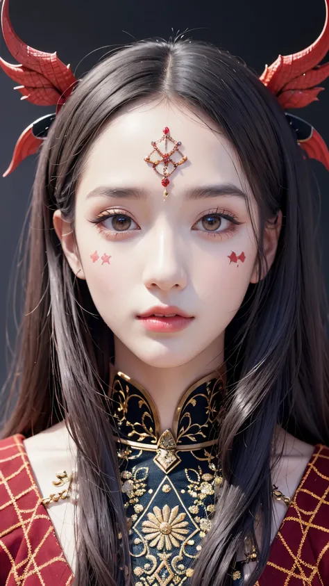 (masterpiece_portrait, distinct, distinct_image, highres, high_resolution, high_quality, high_quality_anime, super_detail, hyper_detail, ultra high definition, Super facial detail, face art, 알굴 make-up, pale face, red lips, forehead make-up, 눈 make-up, int...