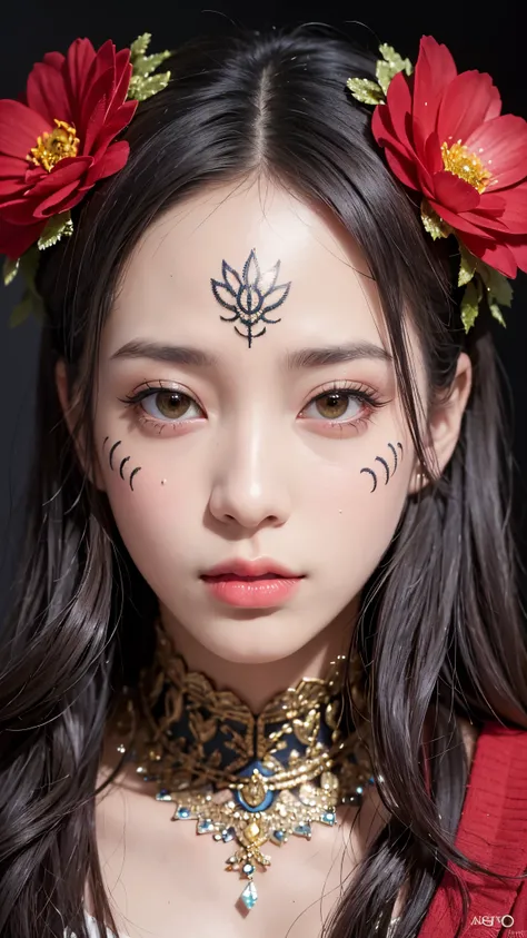 (masterpiece_portrait, distinct, distinct_image, highres, high_resolution, high_quality, high_quality_anime, super_detail, hyper_detail, ultra high definition, Super facial detail, face art, 알굴 make-up, pale face, red lips, forehead make-up, 눈 make-up, int...