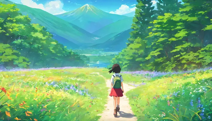 6-year-old girl carrying a hiking bag,wearing white top,red skirt, 牵着哈士奇在forest小路上行走, face camera,, wild flowers, distant mountains, forest