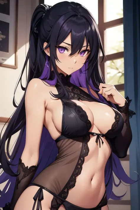 akeno himejima, highschool dxd, fair skin, long dark hair, violet eyes, ((detailed eyes:1.2)), large breasts, nsfw, wearing black laced lingerie, sexy, sensual, sleeveless, sideboob, underboob, masterpiece, top quality, best quality, official art, beautifu...