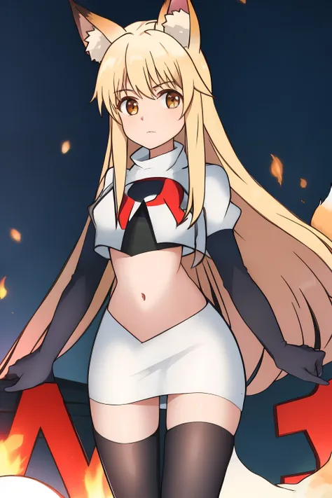 nina, 1girl, solo, long_hair, looking_at_viewer, bangs, blonde_hair, animal_ears, brown_eyes, yellow_eyes, animal_ear_fluff, fox_ears, sleeveless_kimono, team rocket,team rocket uniform, red letter R, white skirt,white crop top,black thigh-highs ,black elb...