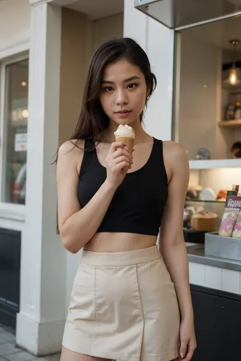 ((best quality)), ((Masterpiece)), (details), Perfect face Thai women Wear a small tank top Has a small tattoo in the skin, wears a short skirt Put the canvas backing in the bag. In the ice cream shop, one hand holds an ice cream cone. There are 3 ice crea...