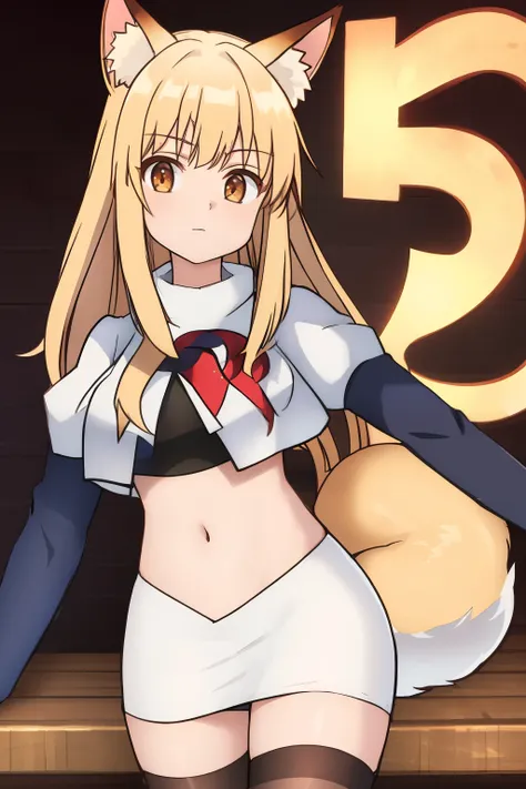 nina, 1girl, solo, long_hair, looking_at_viewer, bangs, blonde_hair, animal_ears, brown_eyes, yellow_eyes, animal_ear_fluff, fox_ears, sleeveless_kimono, team rocket,team rocket uniform, red letter R, white skirt,white crop top,black thigh-highs ,black elb...