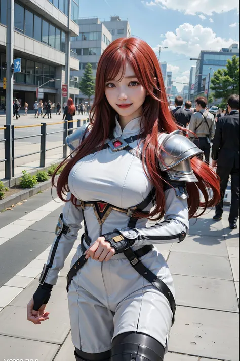 Cloudy in the sky background, flying in futuristic armor, 25 year old beautiful woman, Very long hair, red hair, Hyper realistic, 8K, Bokeh, beautiful smiling face huge breasts, walking towards the viewer,dynamic pose