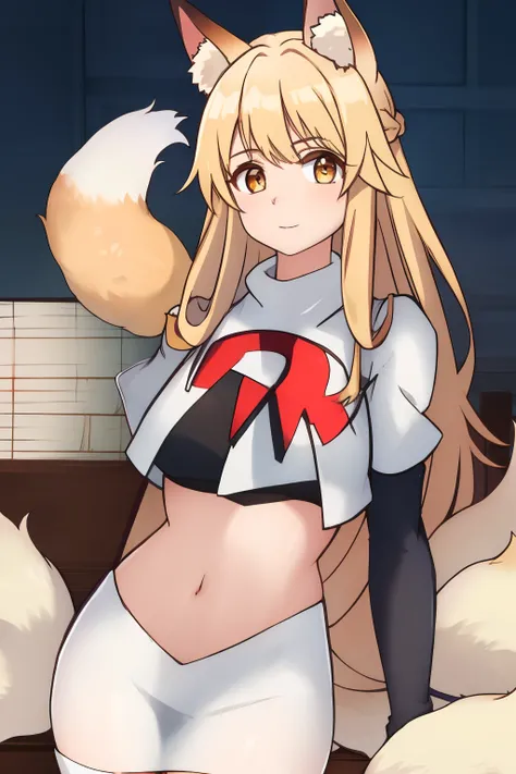 nina, 1girl, solo, long_hair, looking_at_viewer, bangs, blonde_hair, animal_ears, brown_eyes, yellow_eyes, animal_ear_fluff, fox_ears, sleeveless_kimono, team rocket,team rocket uniform, red letter R, white skirt,white crop top,black thigh-highs ,black elb...