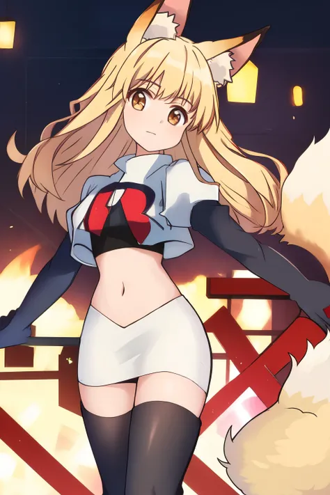 nina, 1girl, solo, long_hair, looking_at_viewer, bangs, blonde_hair, animal_ears, brown_eyes, yellow_eyes, animal_ear_fluff, fox_ears, sleeveless_kimono, team rocket,team rocket uniform, red letter R, white skirt,white crop top,black thigh-highs ,black elb...