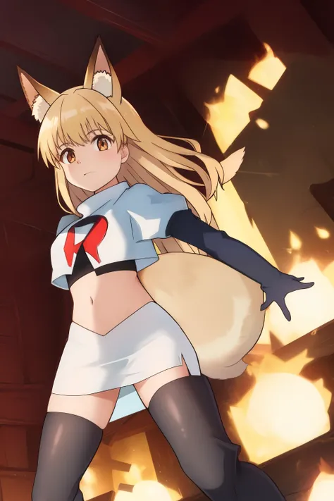 nina, 1girl, solo, long_hair, looking_at_viewer, bangs, blonde_hair, animal_ears, brown_eyes, yellow_eyes, animal_ear_fluff, fox_ears, sleeveless_kimono, team rocket,team rocket uniform, red letter R, white skirt,white crop top,black thigh-highs ,black elb...