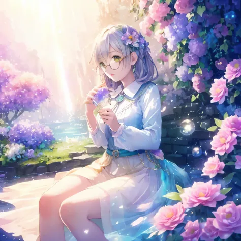 (high quality, 8k), (soft light), Rainbow-colored, one girl, detailed face, fine eyes, watercolor paiting,  so magical and dreamy, dreamy and detailed, dreamy atmosphereとドラマ, gorgeous atmosphere, fantastic beautiful lighting, dreamy atmosphere, beautiful a...