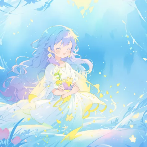 beautiful girl in yellow mint gradient flowing dress, long flowing blue purple hair, colorful fantasia background, vibrant bright colors, watercolor illustration, disney art style, glowing aura around her, glowing lights, beautiful digital illustration, fa...