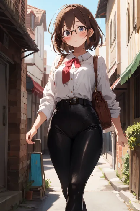 In the heart of the bustling city, a girl with round rosy cheeks and short brown hair, adorned with glasses, saunters through the streets under the bright daylight. Her  figure boasts slender waistline and generous thighs, clad in a dark red blouse and tig...