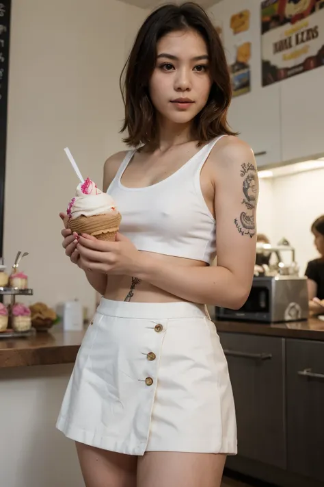 Thai women wear white tank tops Small tattoos in the skin Wear a short skirt Put the canvas backing in the bag. In the ice cream shop, one hand holds an ice cream cone. There are 3 ice cream sticks.