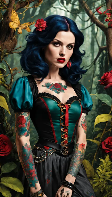 imagine a grown-up snow white with an alternative, enchanted forest punk aesthetic. in a dynamic pose amid magical flora, she we...