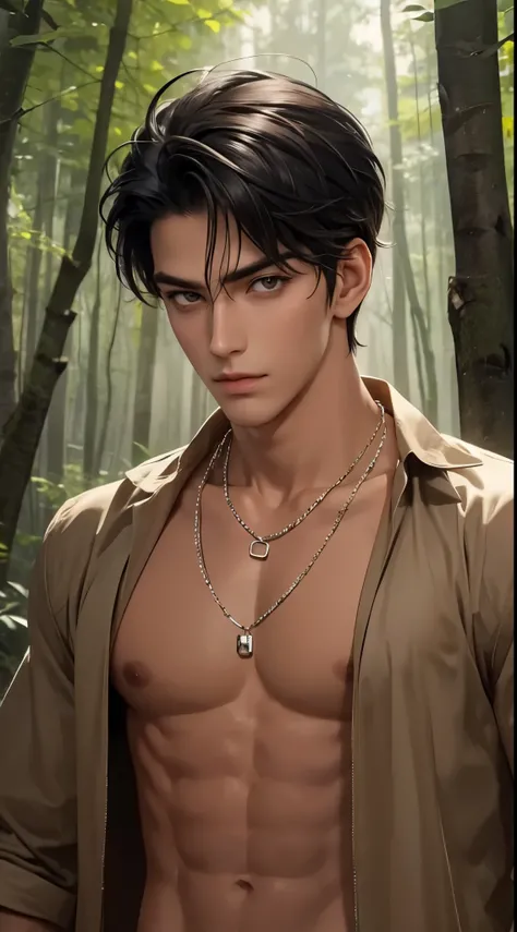 1 boy,Handsome，tall and strong,perfect male figure, eyes looking at camera, ((tanned skin)),forest，feather hair accessories，short black hair,serious expression,necklace,Ray tracing