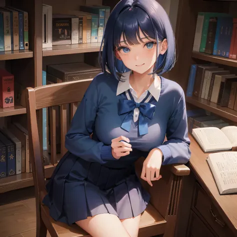 1 high school girl　17 year old female　alone　bob cut　dark blue hair color　dark blue hair color　high school uniform　white Y-shirt　Y-shirt long sleeve　blue ribbon　big breasts　loafers　full body portrait　slim body shape　long legs　library　学校のlibrary　bookshelf　si...