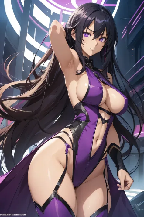 akeno himejima, highschool dxd, fair skin, long dark hair, violet eyes, ((detailed eyes:1.2)), large breasts, nsfw, wearing superhero costume, sexy, sensual, sleeveless, sideboob, underboob, masterpiece, top quality, best quality, official art, beautiful a...