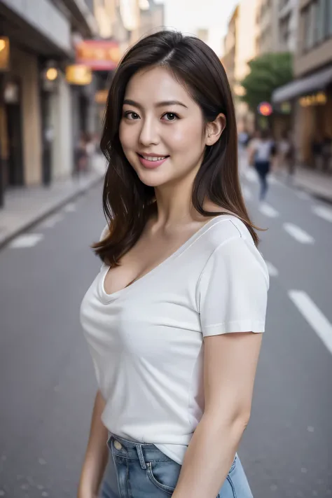 highest quality, 8k wallpaper, masterpiece, Photoreal, chubby beauty, 28 years old, Bulge of the bust, cleavage, plump thighs, Highly detailed face and skin texture, delicate eyes, double eyelid, chubby face, thin lips, laughter, ((Plain V-neck T-shirt)), ...