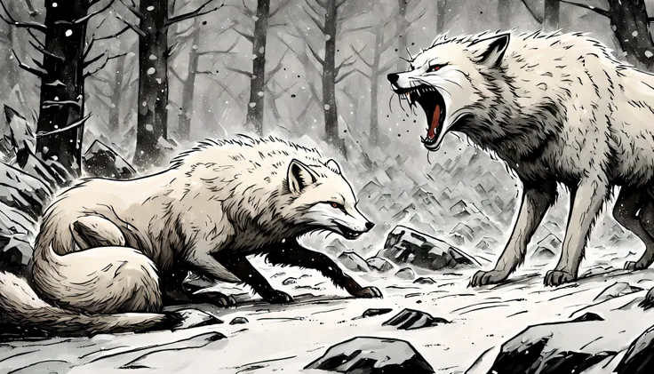 illustrate dark art, arctic fox in battle during blizzard, tilted camera angle adds drama and tension, Center frame an arctic fox faces a huge polar bear in the middle of the frame, both snarling and roaring in fury. The fox has challenged the bear for som...