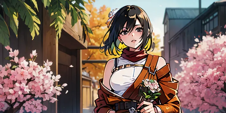 hmmikasa, black hair, short hair, black eyes, scarf, red scarf, modern decor,cozy atmosphere,relaxing vibes,urban backdrop,dreamy ambiance, huge breast, hair ornament, magical aura, enchanting beauty, mystical setting, enchanting artwork, intricate details...