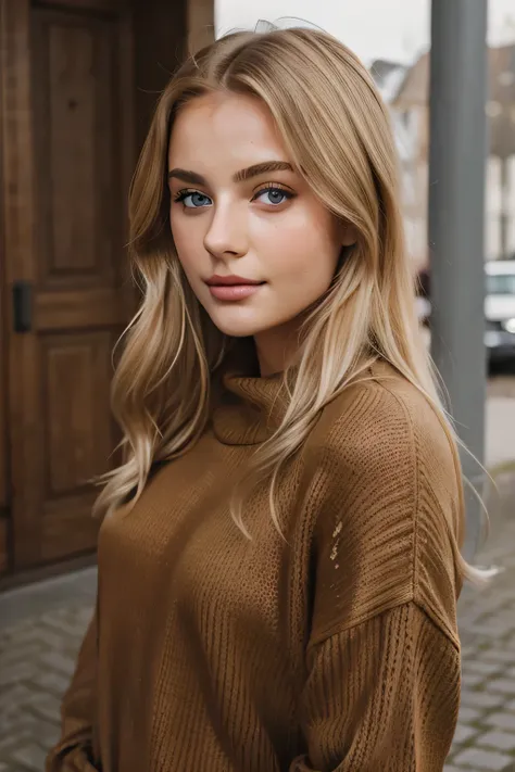 1Girl 18 years old, nur, Lange Haare, midsize , Blick auf den Betrachter, blondes Haar, nackte Schultern, braune Augen, Schmuck, full entire body, Halskette, schulterfrei, pullover, lips, realistisch, Nase, Flirten mit der Kamera