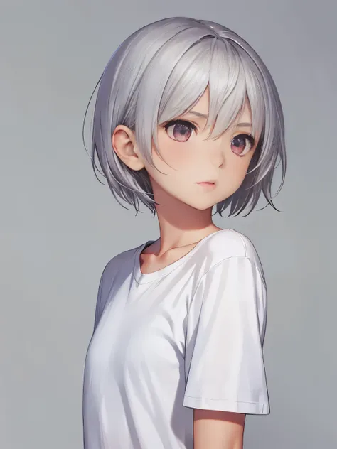 1girl,short hair,silver hair,silver eyes,White t-shirt, red shorts, confused expression, facing right, camera angle from the side, look away