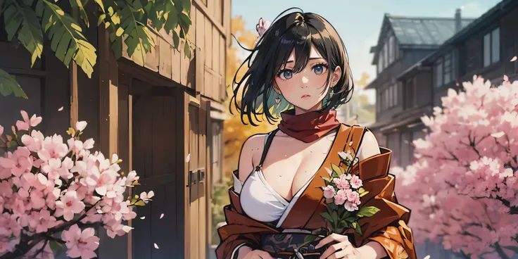 hmmikasa, black hair, short hair, black eyes, scarf, red scarf, modern decor,cozy atmosphere,relaxing vibes,urban backdrop,dreamy ambiance, huge breast, hair ornament, magical aura, enchanting beauty, mystical setting, enchanting artwork, intricate details...