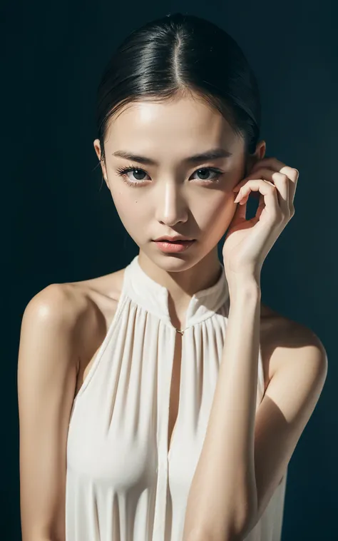 1 FEMALE-FOCUSED, A BEAUTIFUL FEMALE MODEL HAS A COSMETIC BOTTLE IN HER HANDS, WEARING WHITE SHIRT, THE MODELS SKIN IS HEALTHY AND CLEAR, AND THE COSMETICS BOTTLE SHINES LUXURIOUSLY, SKIN CARE, FLOWER, COSMETICS COMMERCIAL PHOTOS, CLEAN ATMOSPHERE, IN THE ...