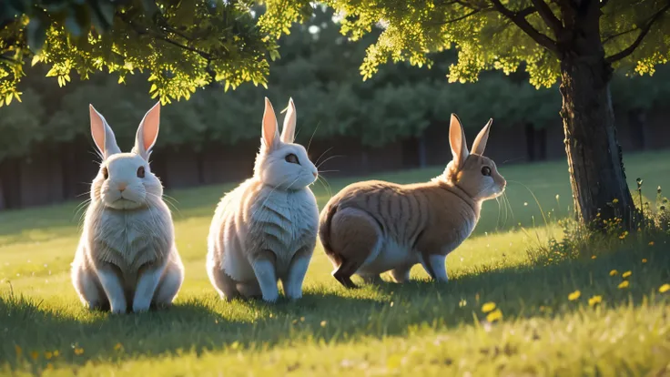 A family of rabbits frolicking in a sun-drenched meadow, nibbling on tender shoots of grass.